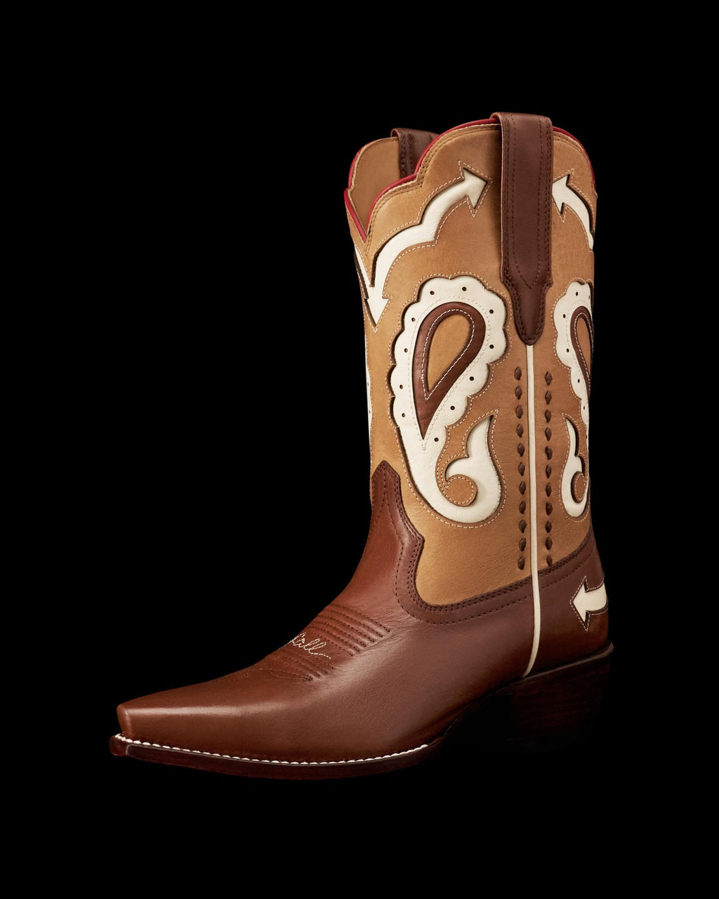 Quarterfront view of The Sadie Vintage - Brown Multi Cowhide on plain background