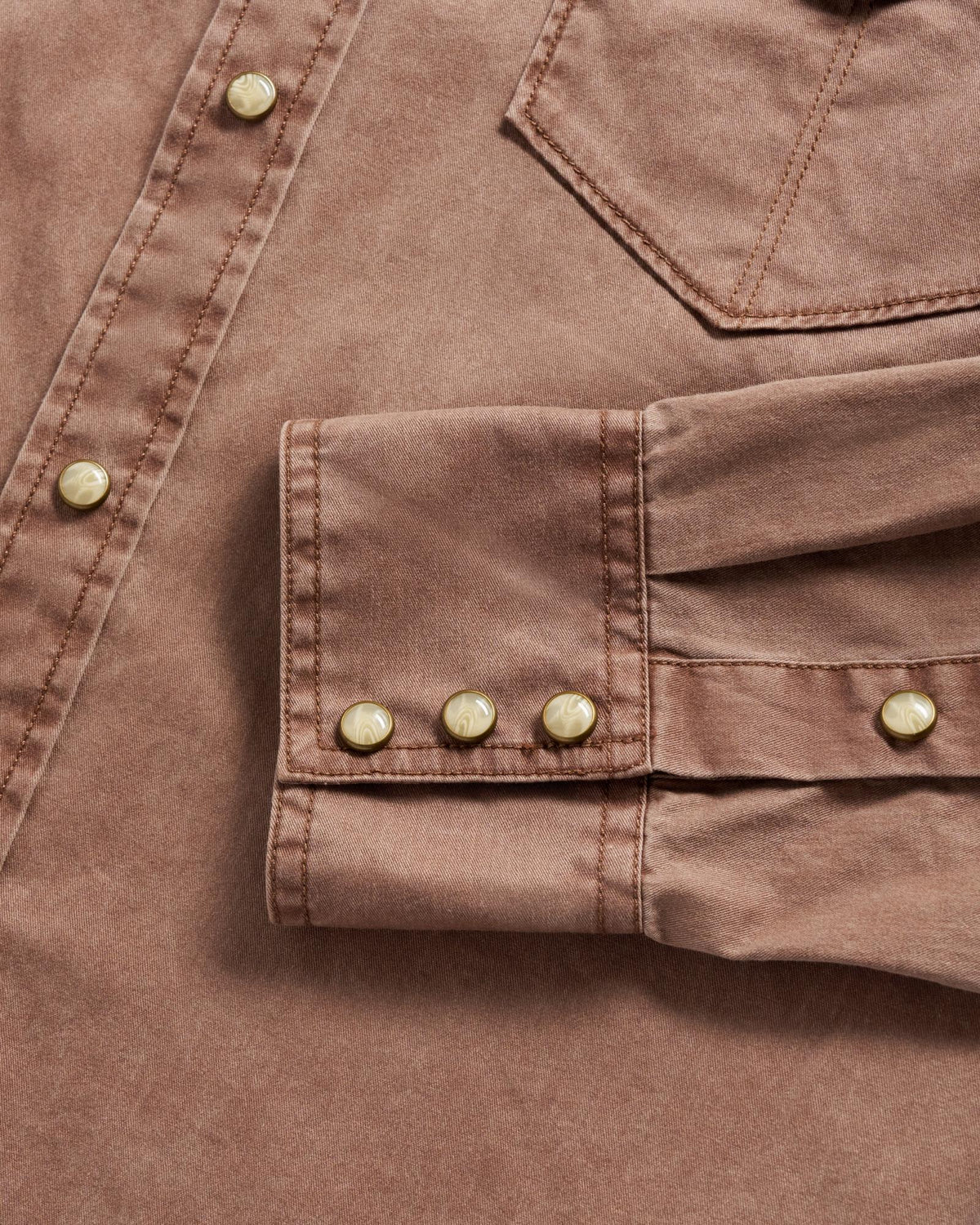 Closeup detail view of Men's Thorn Stopper Pearl Snap LS - Brown