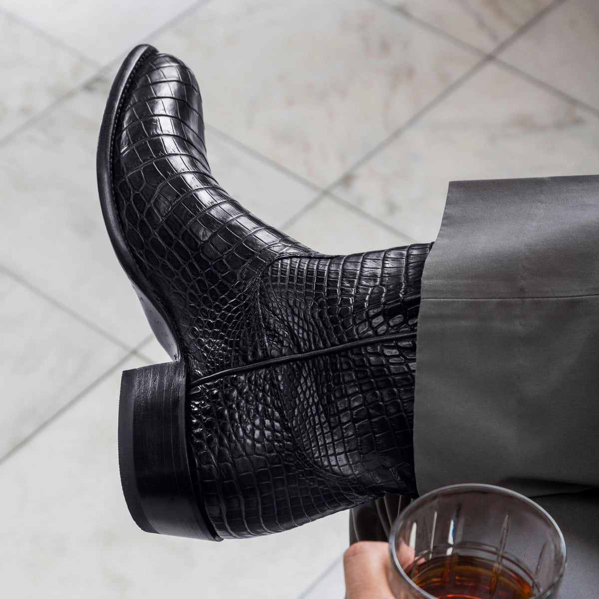 The Marshall Midnight Crocodile Cowboy boots in Black close up