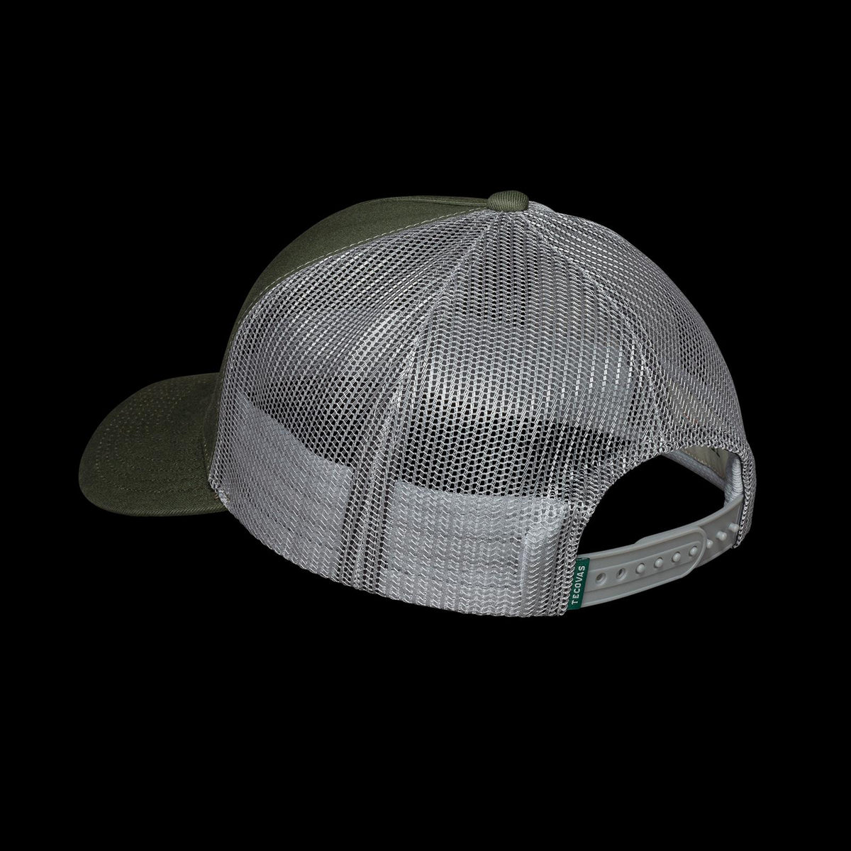 Quarterfront view of Quality Made Western Five-Panel Trucker Hat - Olive on plain background