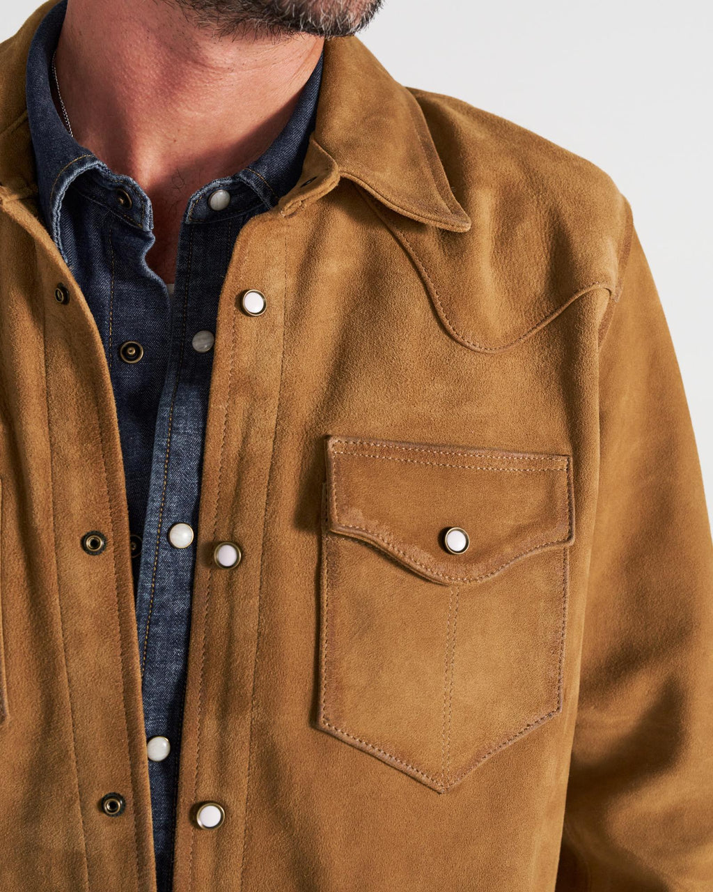 Closeup detail view of Men's Roughout Overshirt - Camel