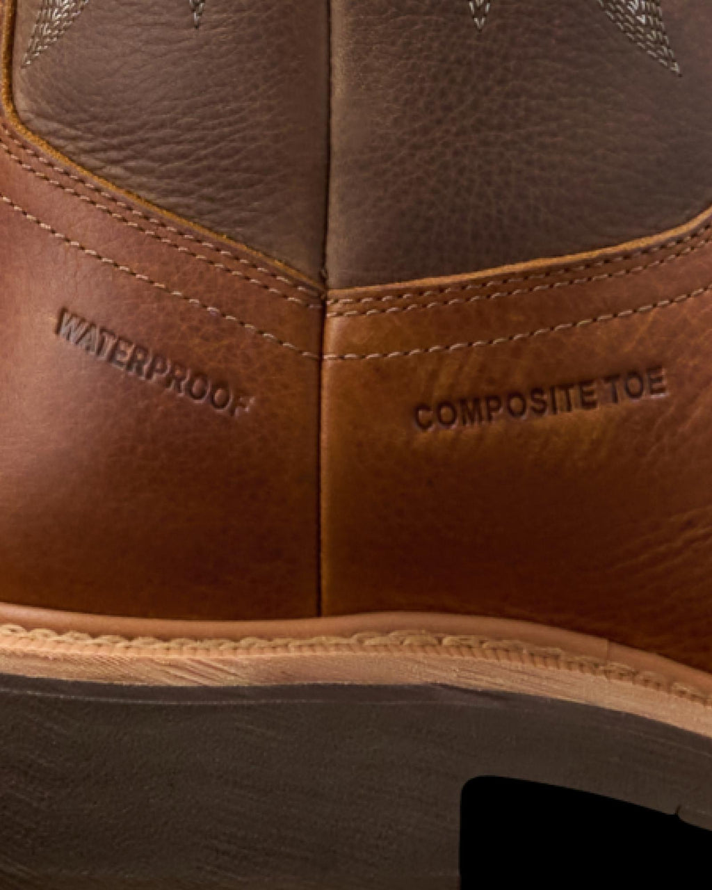 Toe view of LongHaul Waterproof Square Composite Toe Work Boot - Saddle / Fossil on plain background