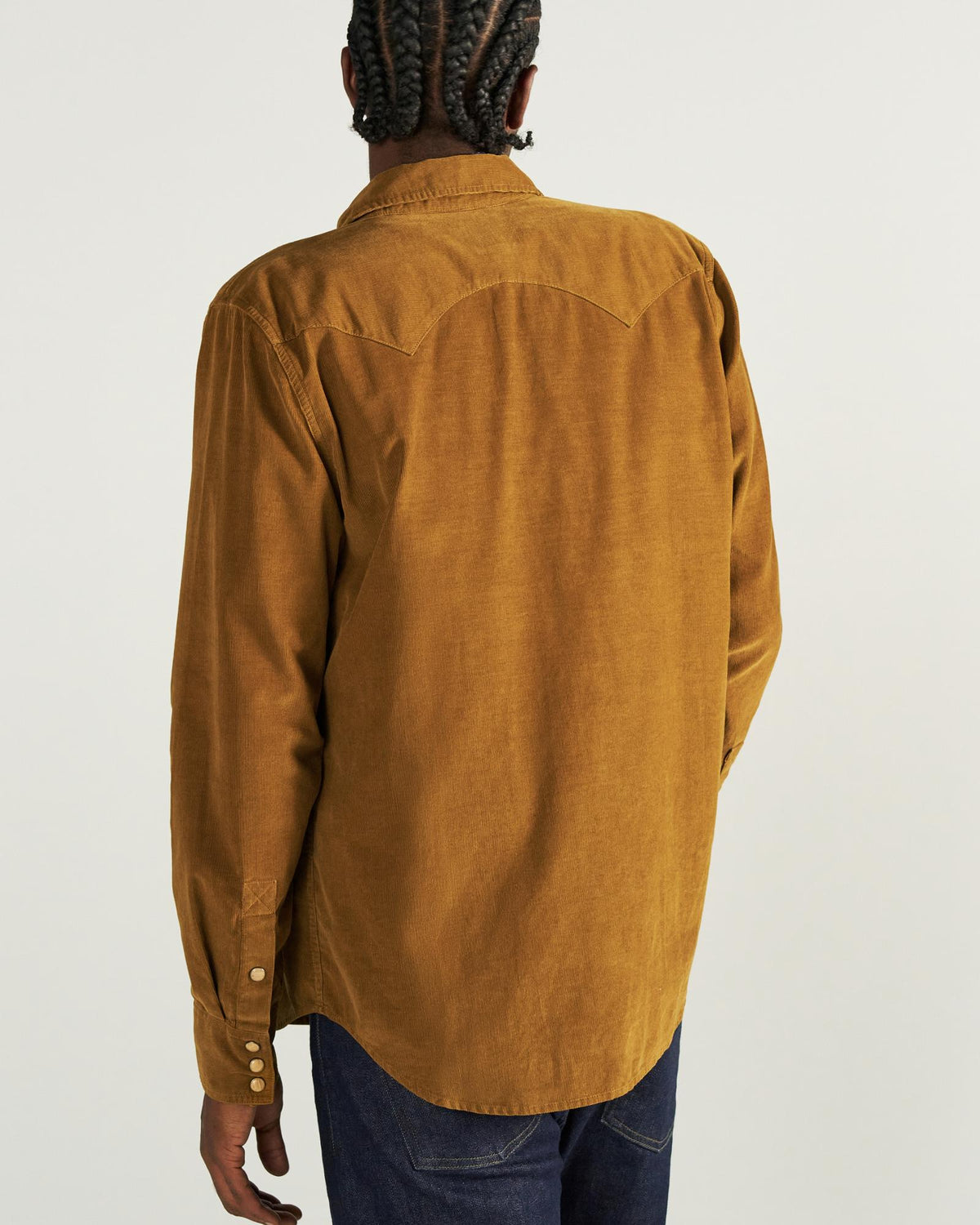 Closeup detail view of Men's Texas Weight Corduroy Pearl Snap - Bronze
