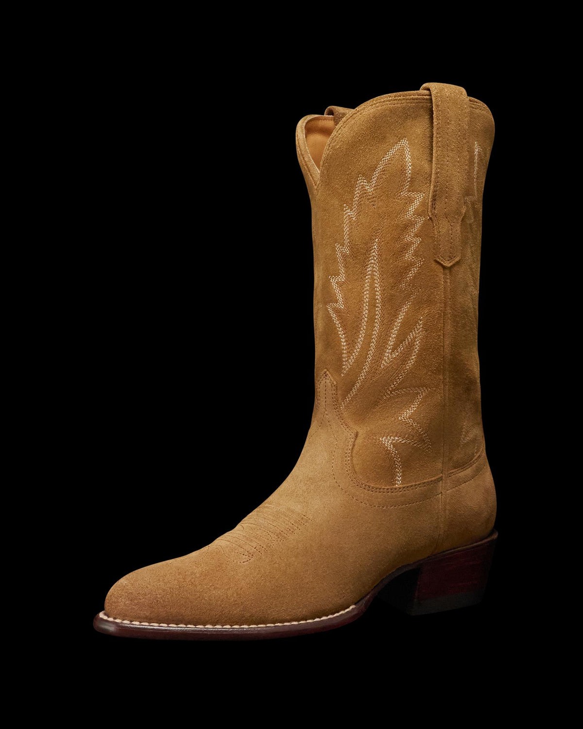 Quarterfront view of The Jamie II - Caramel Suede on plain background