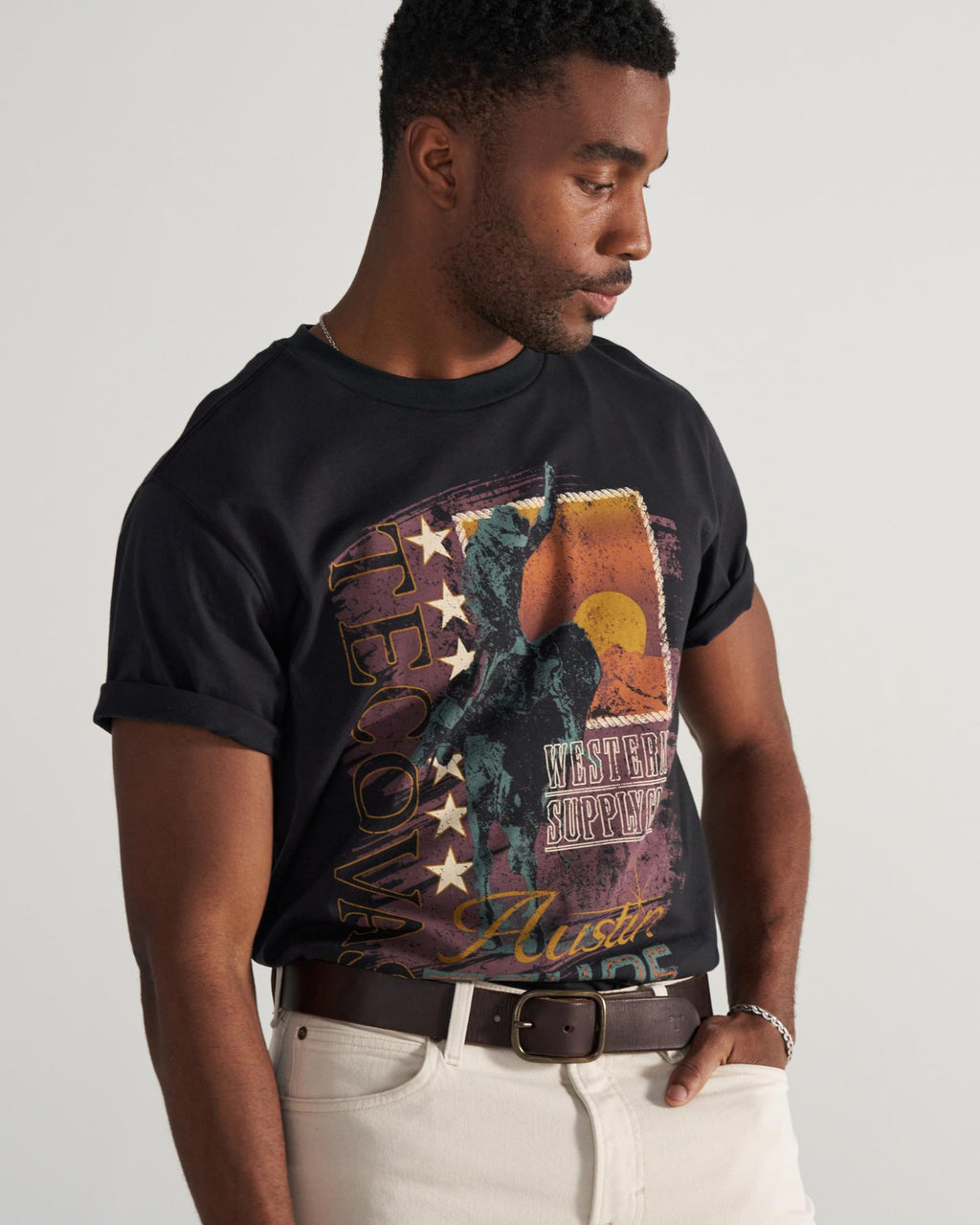 Front view of Men's Tecovas Rodeo T-Shirt - Black/Multi on model