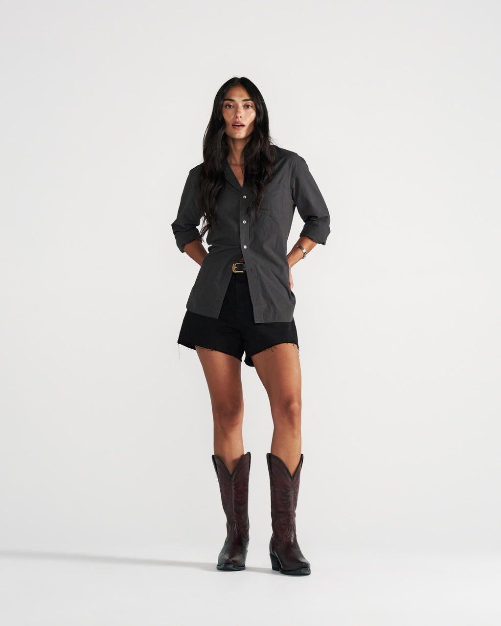 Full view of The Annie - Black Cherry Cowhide on model