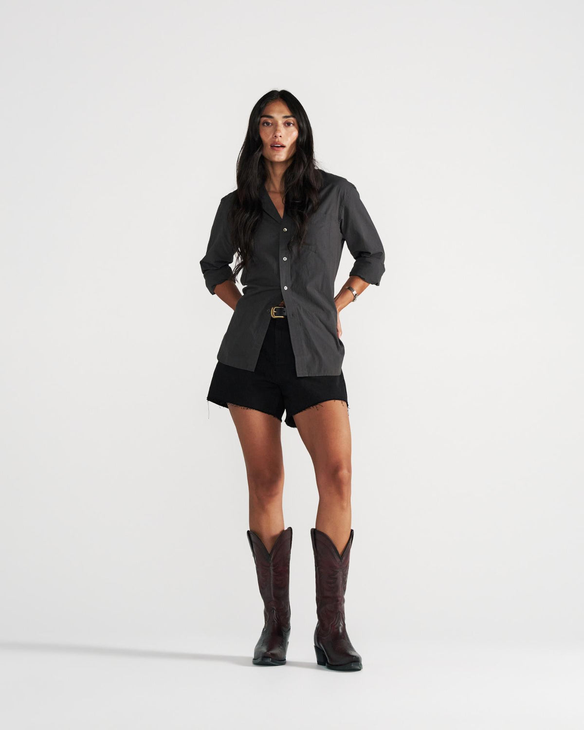 Full view of The Annie - Black Cherry Cowhide on model