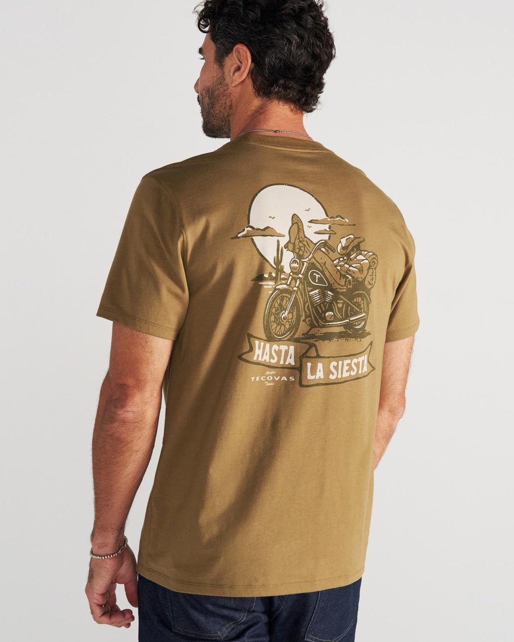 Back view of Men's Hasta La Siesta T-Shirt - Olivewood on model