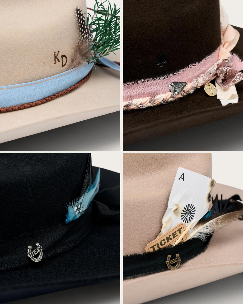 Four close-up images of beige and black cowboy hats, each decorated with unique hatbands, feathers, cards, and various charms.