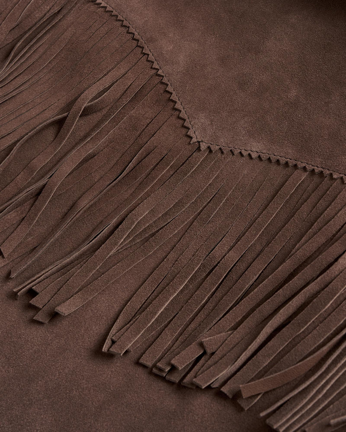 Closeup detail view of Women's Suede Fringe Jacket - Chocolate Brown