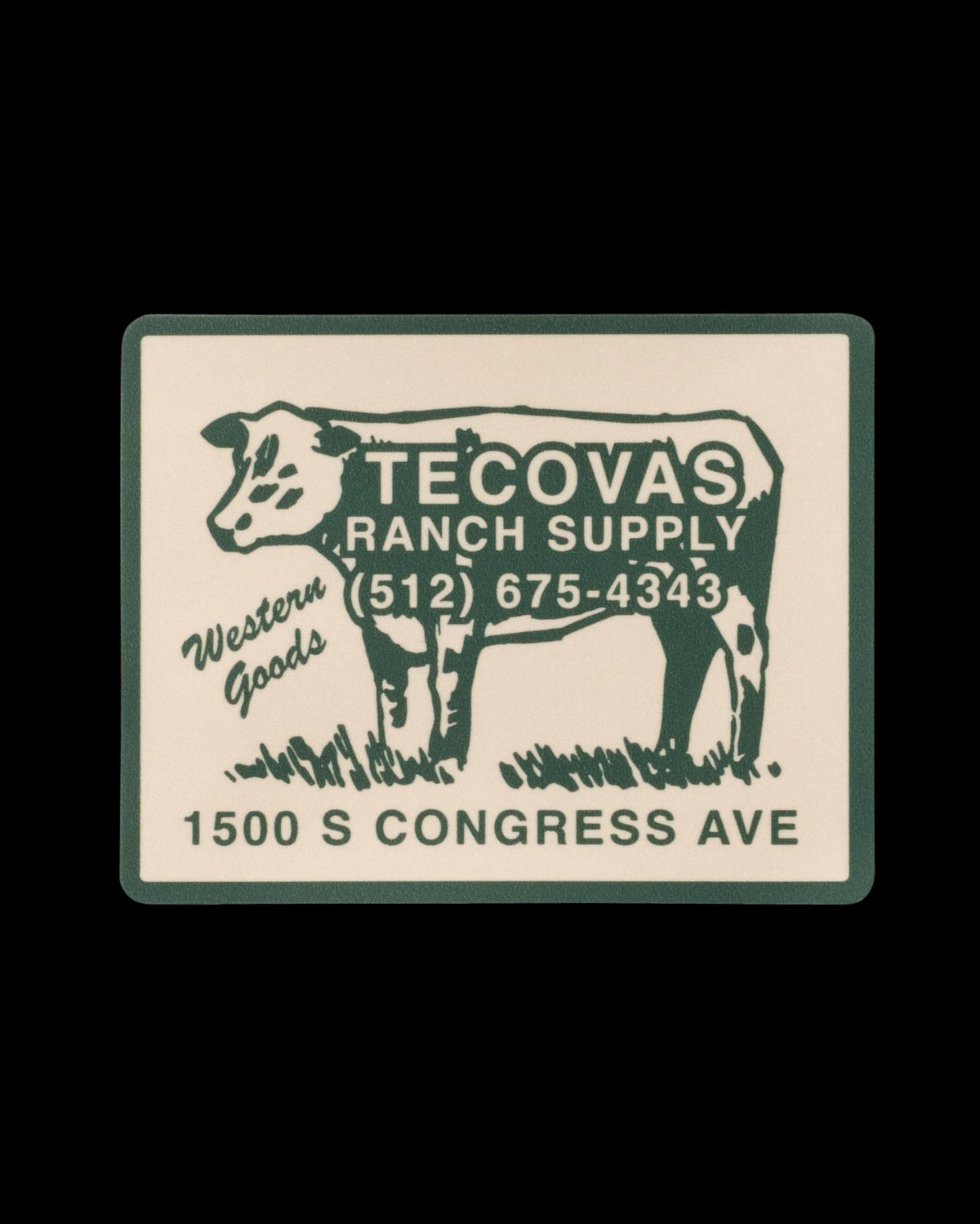 Illustration of a cow with text "Tecovas Ranch Supply," a phone number, and "1500 S Congress Ave" on a rectangular sign, styled with a vintage Western theme.