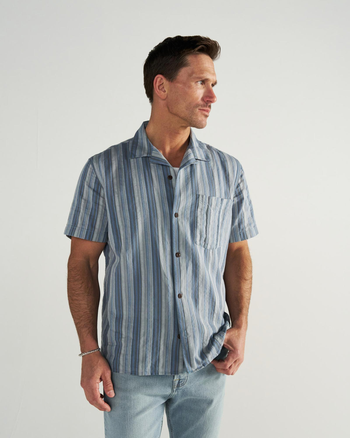 Front view of Men's Dobby Camp Shirt - Atlantic/Chambray on model