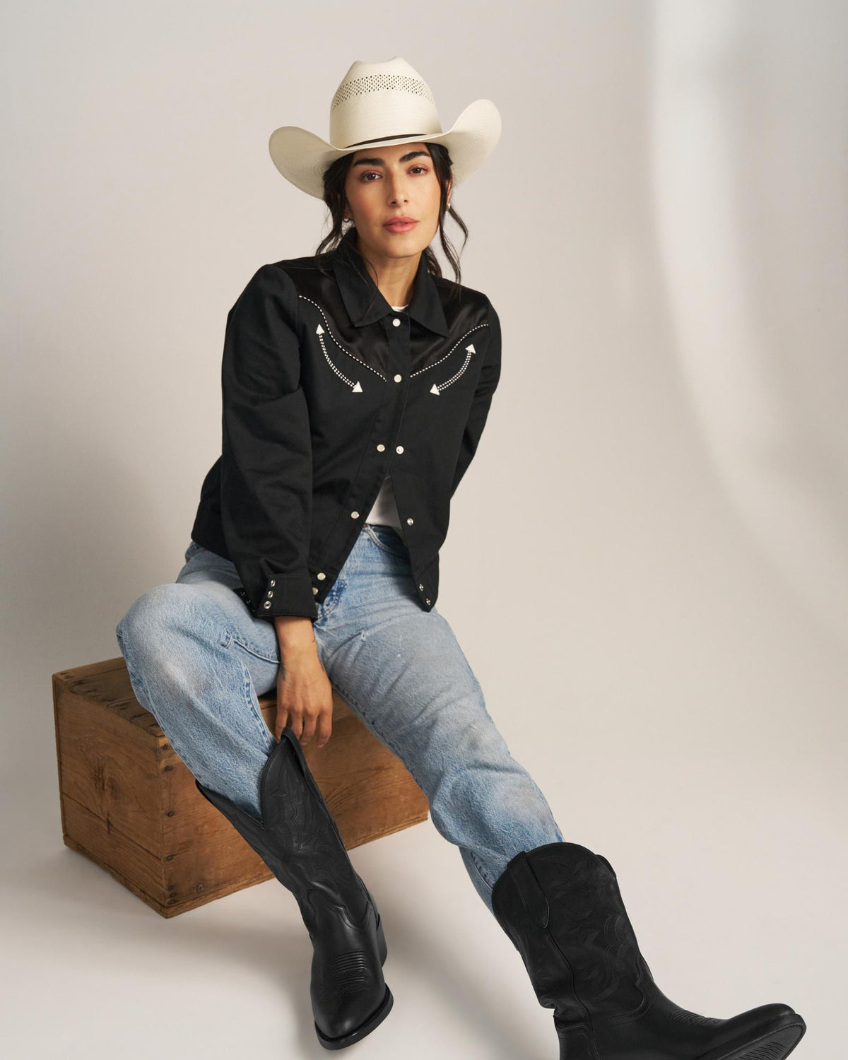 Full view of Women's Dolly Jacket - Black on model