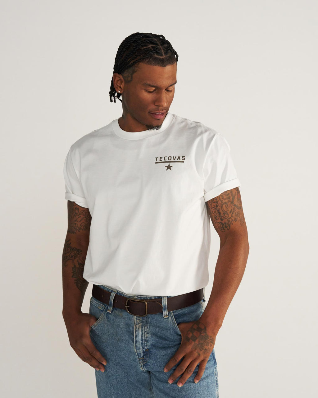 Front view of Men's Quality and Looks T-Shirt - Bone/Brown on model