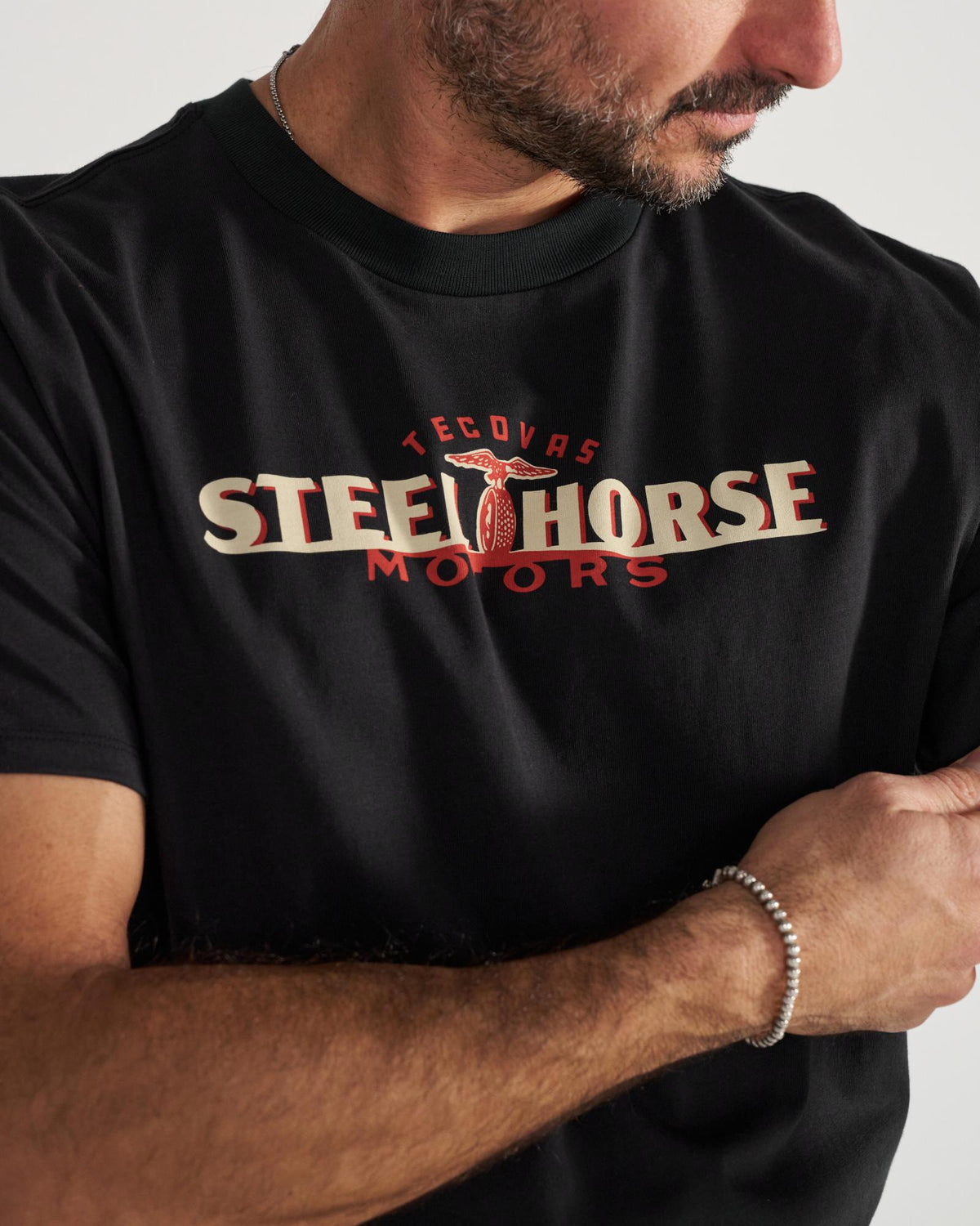 Closeup detail view of Men's Steel Horse Motors T-Shirt - Black/Multi