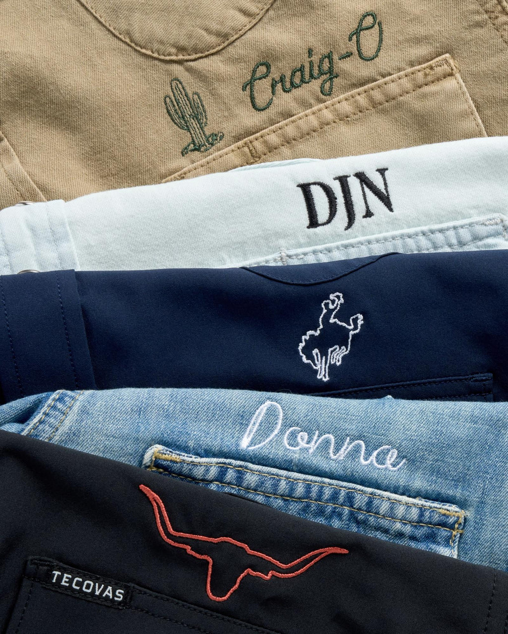 custom embroidery options for Tecovas western denim long sleeve pearl snaps