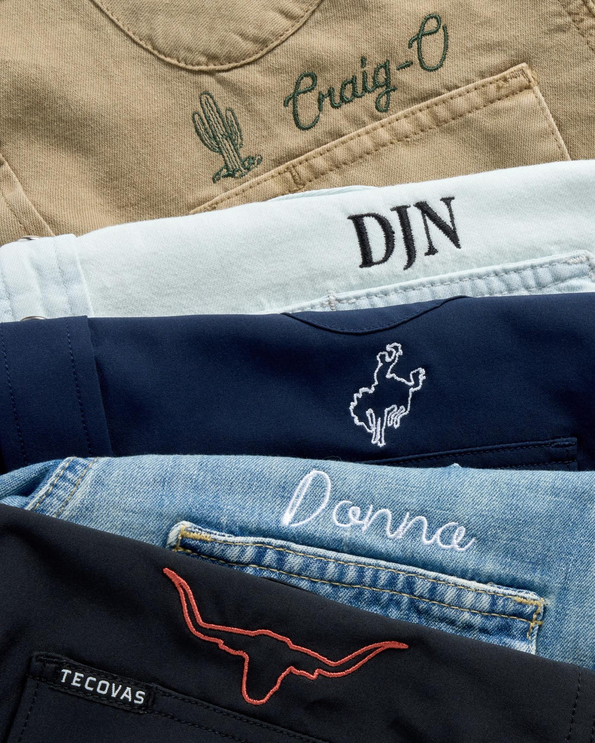 custom embroidery options for Tecovas western denim long sleeve pearl snaps