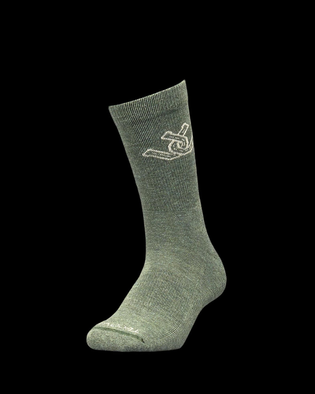 A single olive green sock stands upright on a plain white background, featuring a white embroidered design near the top.