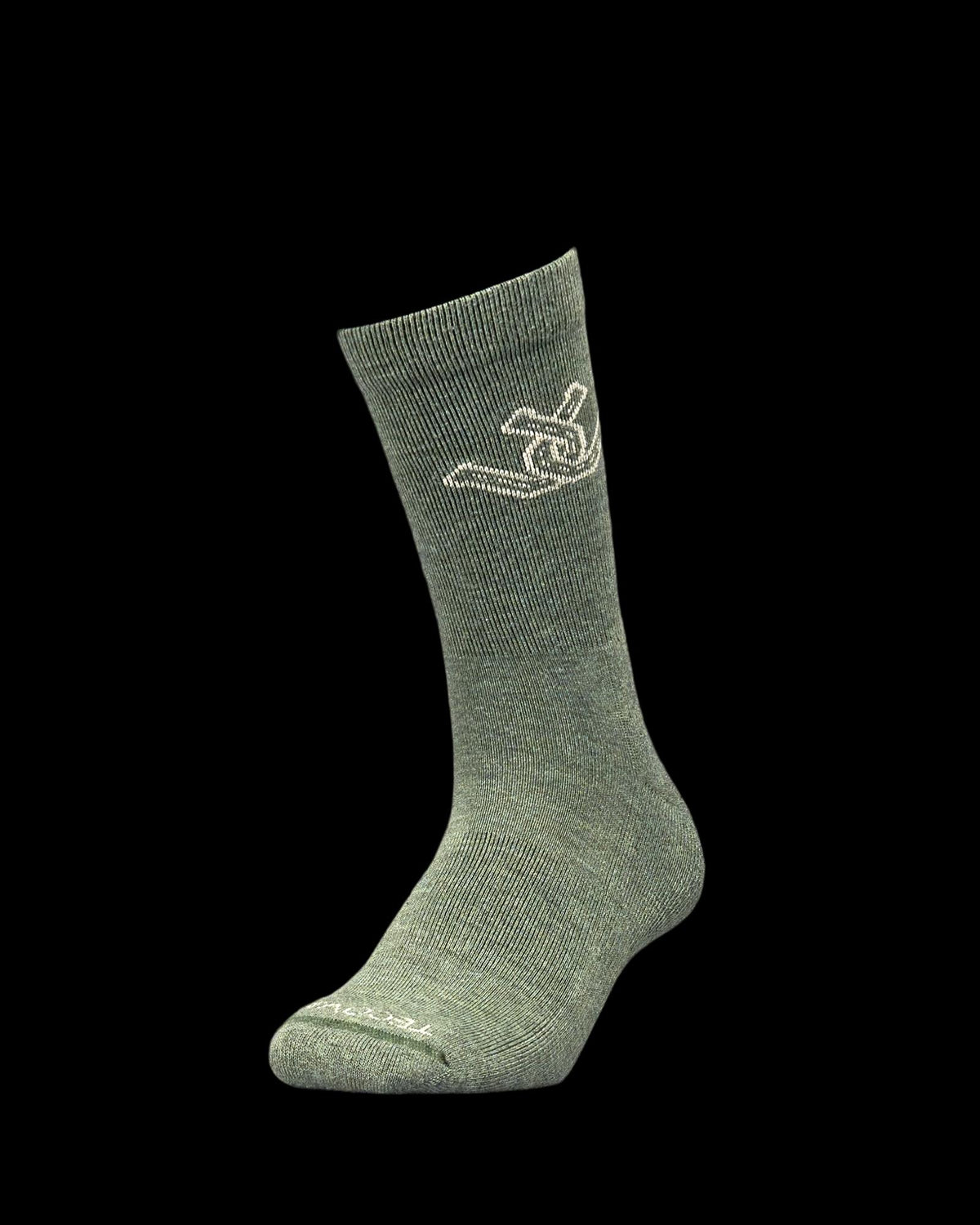 A single olive green sock stands upright on a plain white background, featuring a white embroidered design near the top.