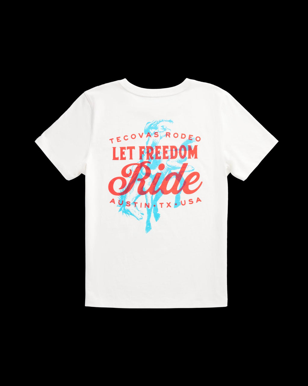White t-shirt with red text reading "Tecovas Rodeo Let Freedom Ride Austin, TX USA" and a blue graphic of a bronc rider in the background.
