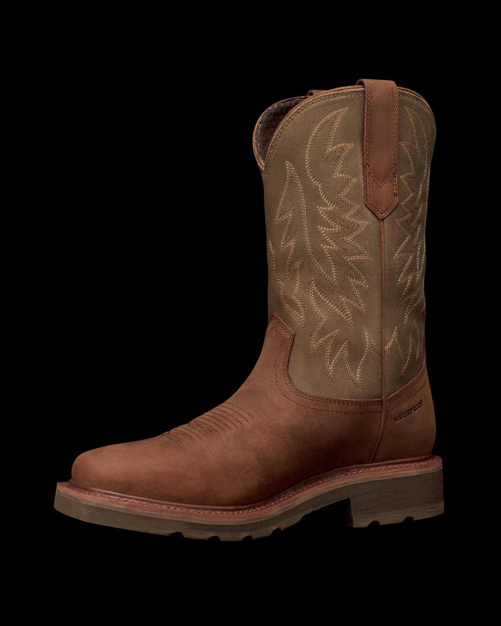 Quarterfront view of LongHaul Waterproof Square Soft Toe Work Boot - Rust Cowhide on plain background