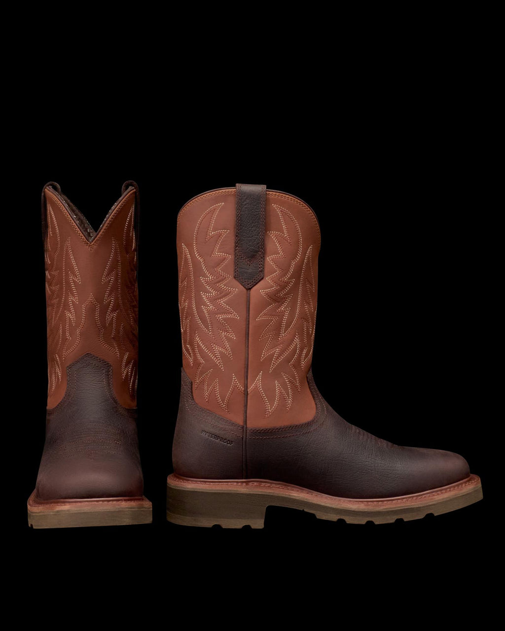 Pair view of LongHaul Waterproof Square Soft Toe Work Boot with Temp Control - Dark Chocolate/Clay Cowhide on plain background