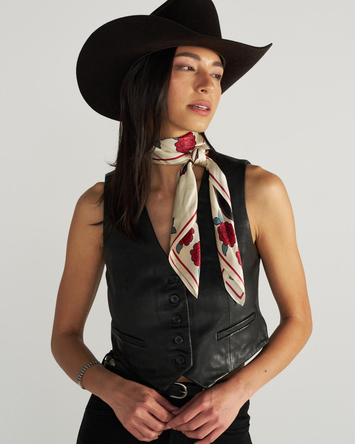 Front view of Horseshoes and Roses Wild Rag - Multi on model