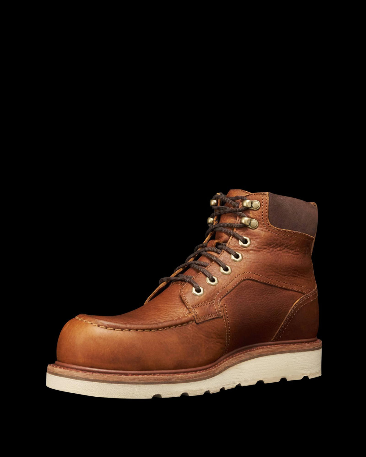 Quarterfront view of The LH WP Moc Comp Toe Work Boot - Saddle Cowhide on plain background