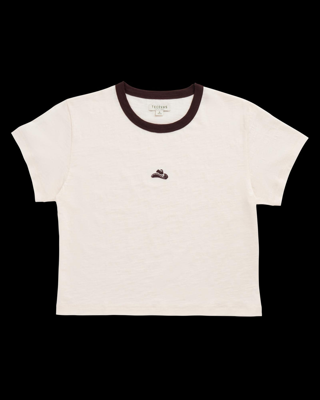 White short-sleeve ringer t-shirt with black collar trim and a small embroidered sneaker design on the chest.
