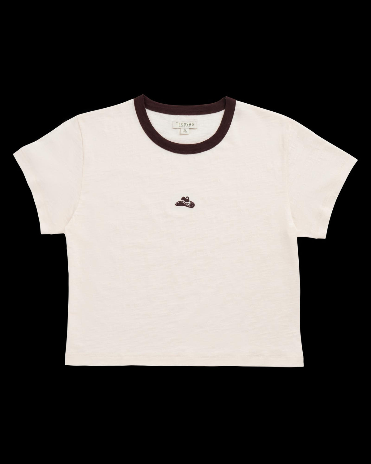 White short-sleeve ringer t-shirt with black collar trim and a small embroidered sneaker design on the chest.