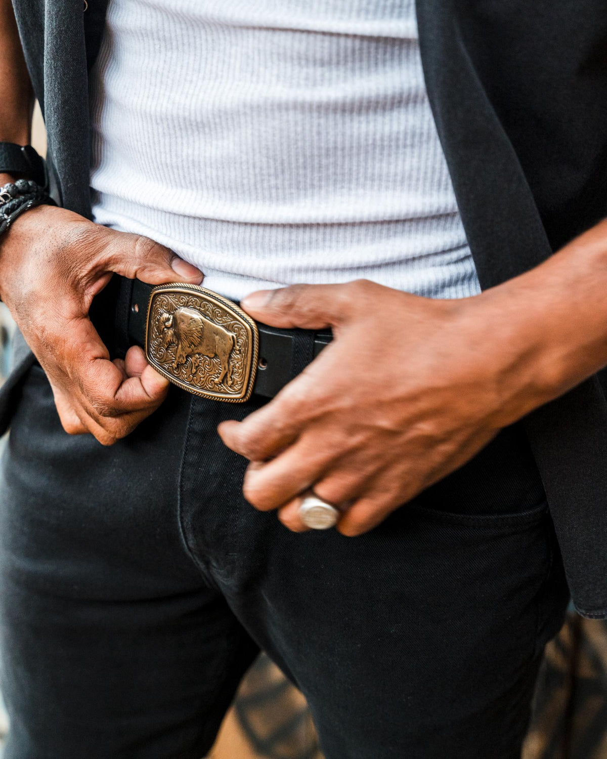 Lifestyle view of Bison Buckle - Antique Brass