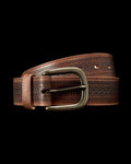 Brown leather belt with embossed pattern and brass buckle, coiled on a plain white background.
