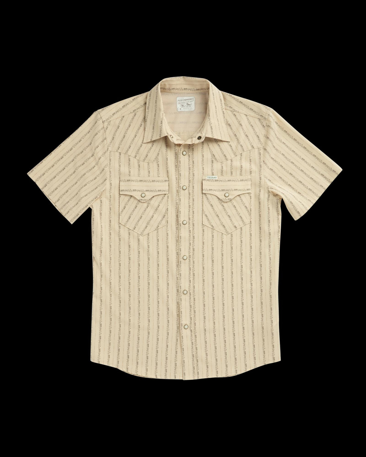 Closeup detail view of Men's Performance Western Short Sleeve Pearl Snap - Sandstone/Multi