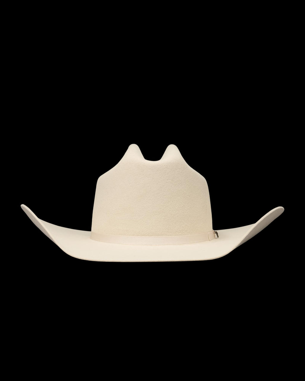 A wide-brimmed, light beige cowboy hat with a tall crown and upturned sides, displayed on a plain white background.
