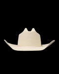 A wide-brimmed, light beige cowboy hat with a tall crown and upturned sides, displayed on a plain white background.