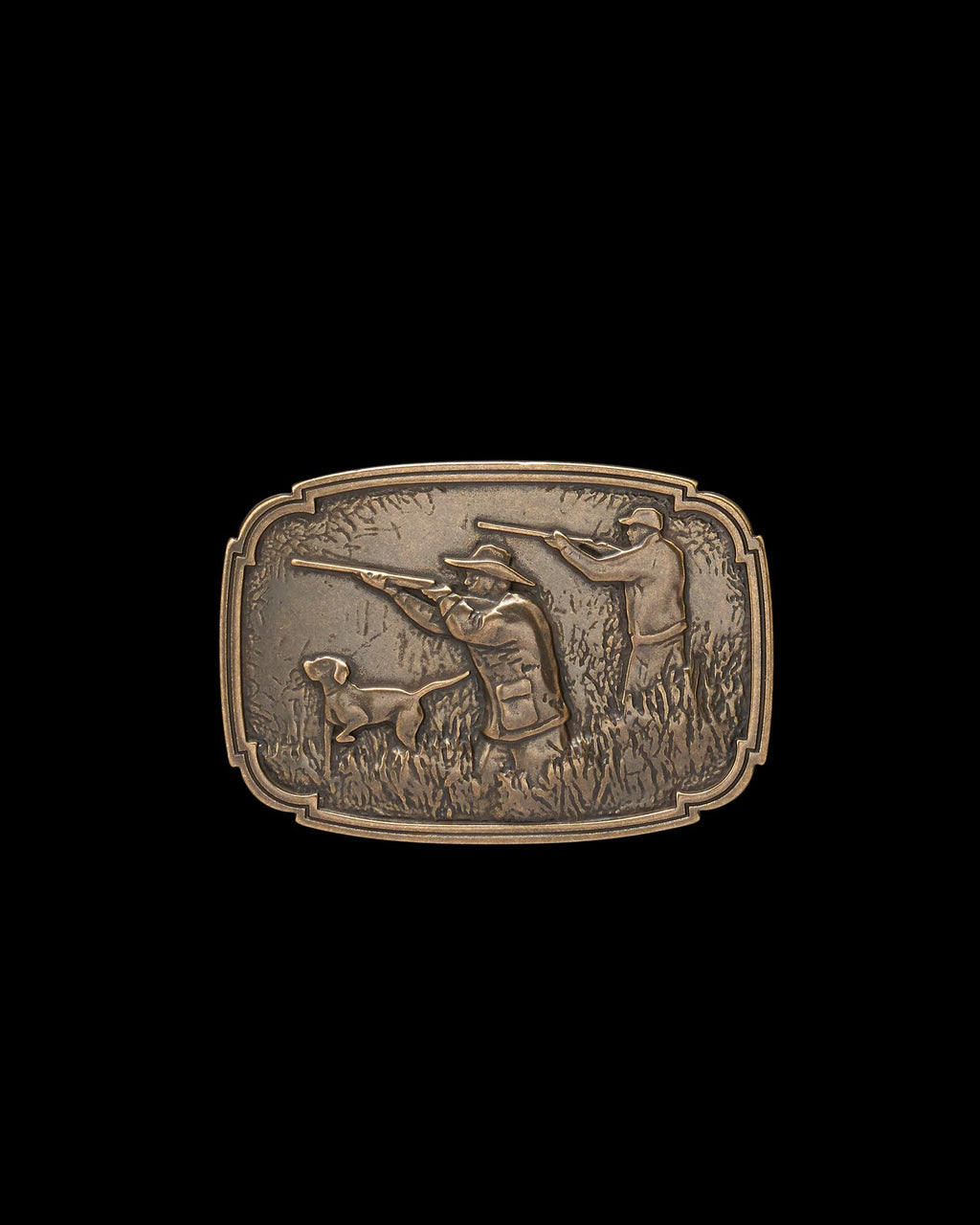 Front view of Hunting Scene Buckle - Antique Brass on plain background