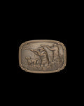 Front view of Hunting Scene Buckle - Antique Brass on plain background