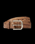 Brown leather belt with a crocodile pattern and a silver rectangular buckle, coiled on a plain white background.