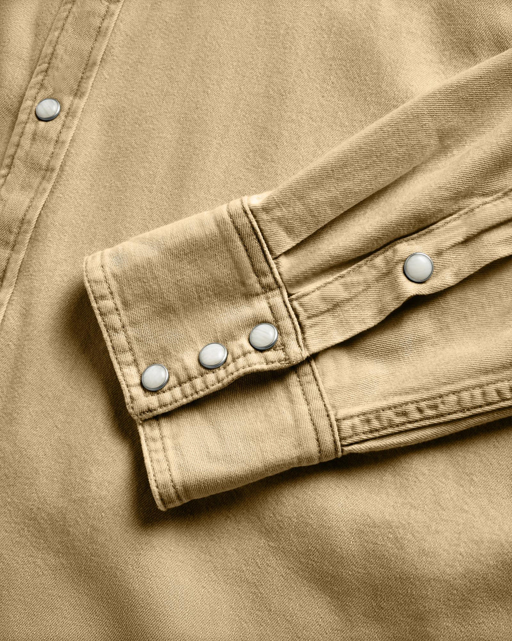 Closeup detail view of Men's Denim Long Sleeve Pearl Snap - Coriander
