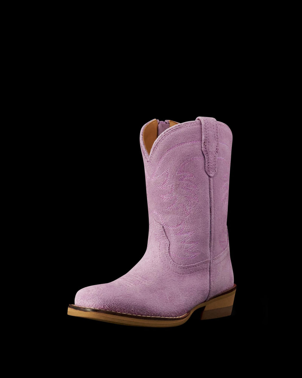 A single pink suede cowboy boot with decorative stitching, a square toe, and a low wooden heel, displayed on a white background.