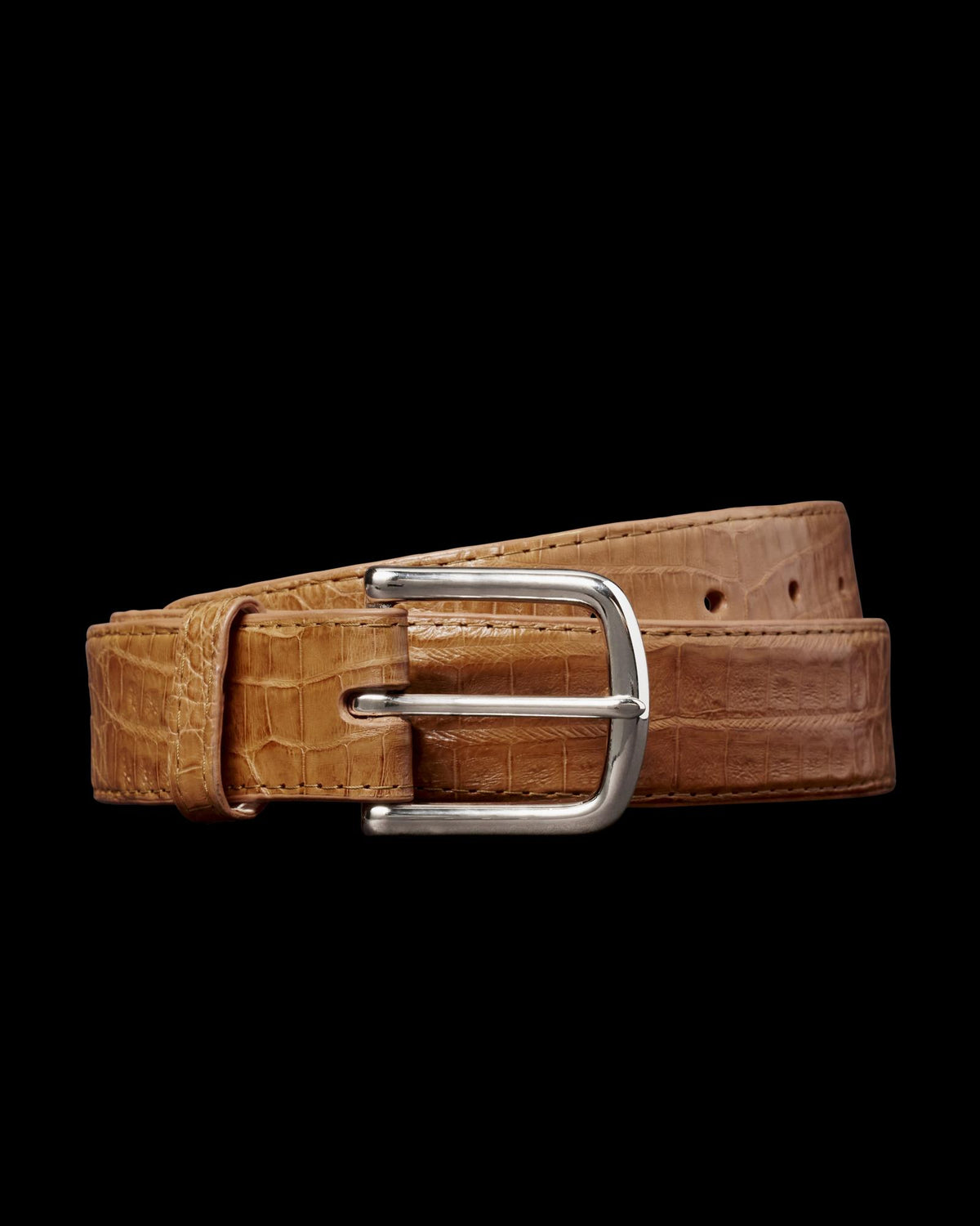 Unbuckled view of Men's Caiman Belt II - Caramel on plain background
