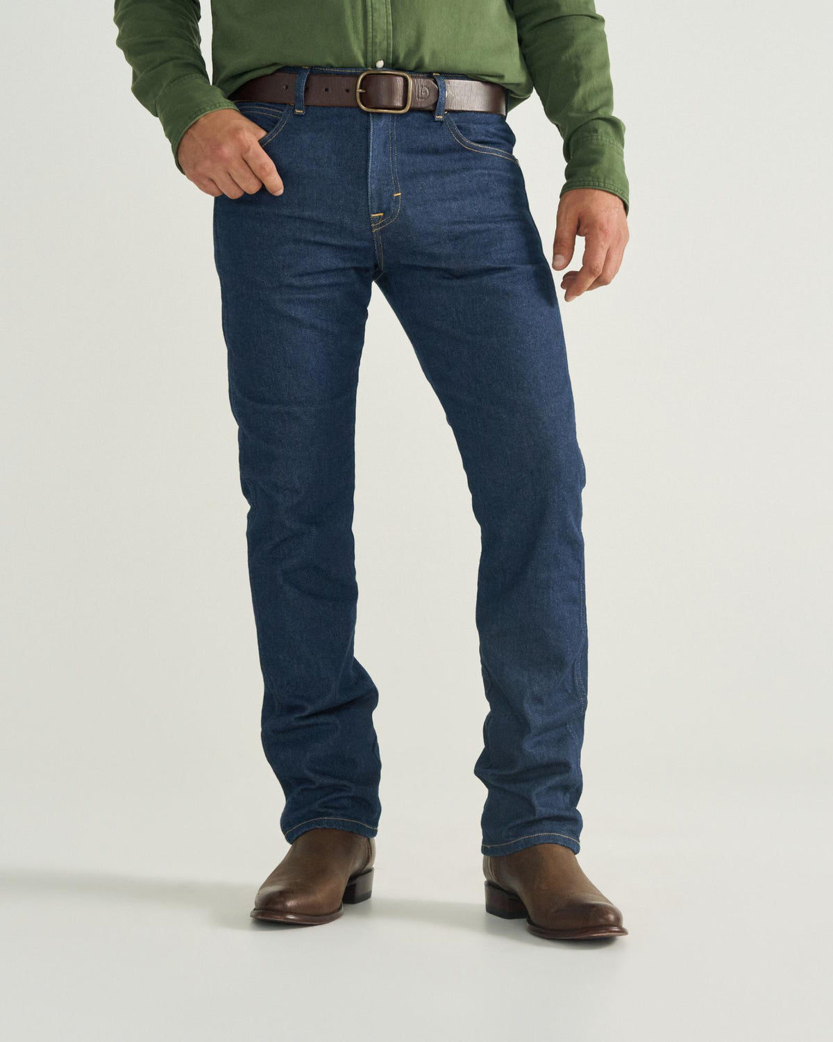 Front view of Men's Slim Straight Heritage Denim - Dark Blue on model