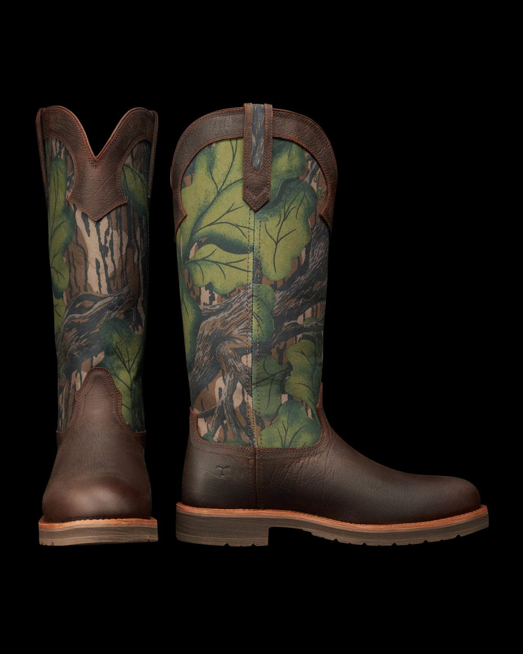 Pair view of Tecovas x Mossy Oak Snake Boot - Full Foliage Cowhide on plain background