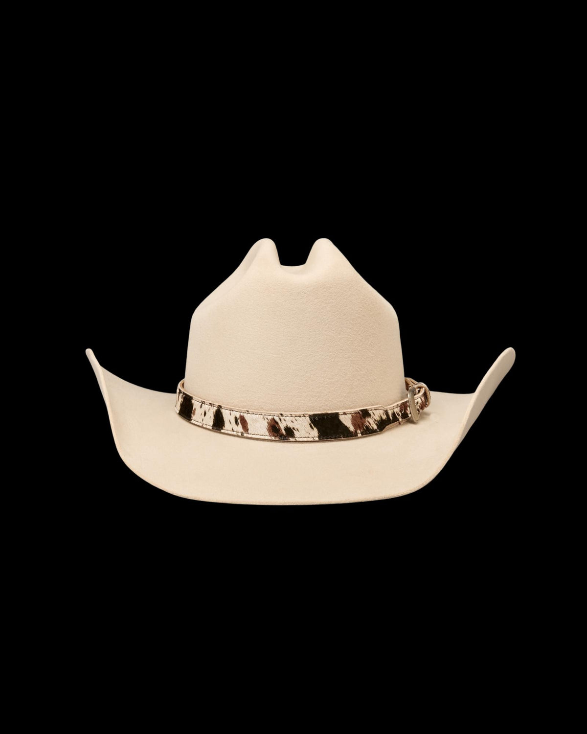 Back view of Hair on Hide Buckle Hat Band - Brown Multi on plain background
