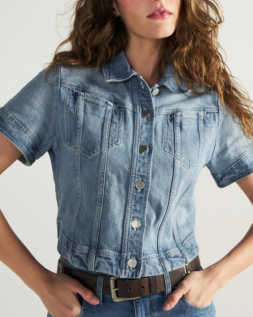 Closeup detail view of Women's Short Sleeve Denim Top - Light Wash