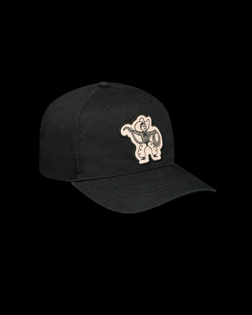 Quarterfront view of Cowboy Patch Hat - Black on plain background
