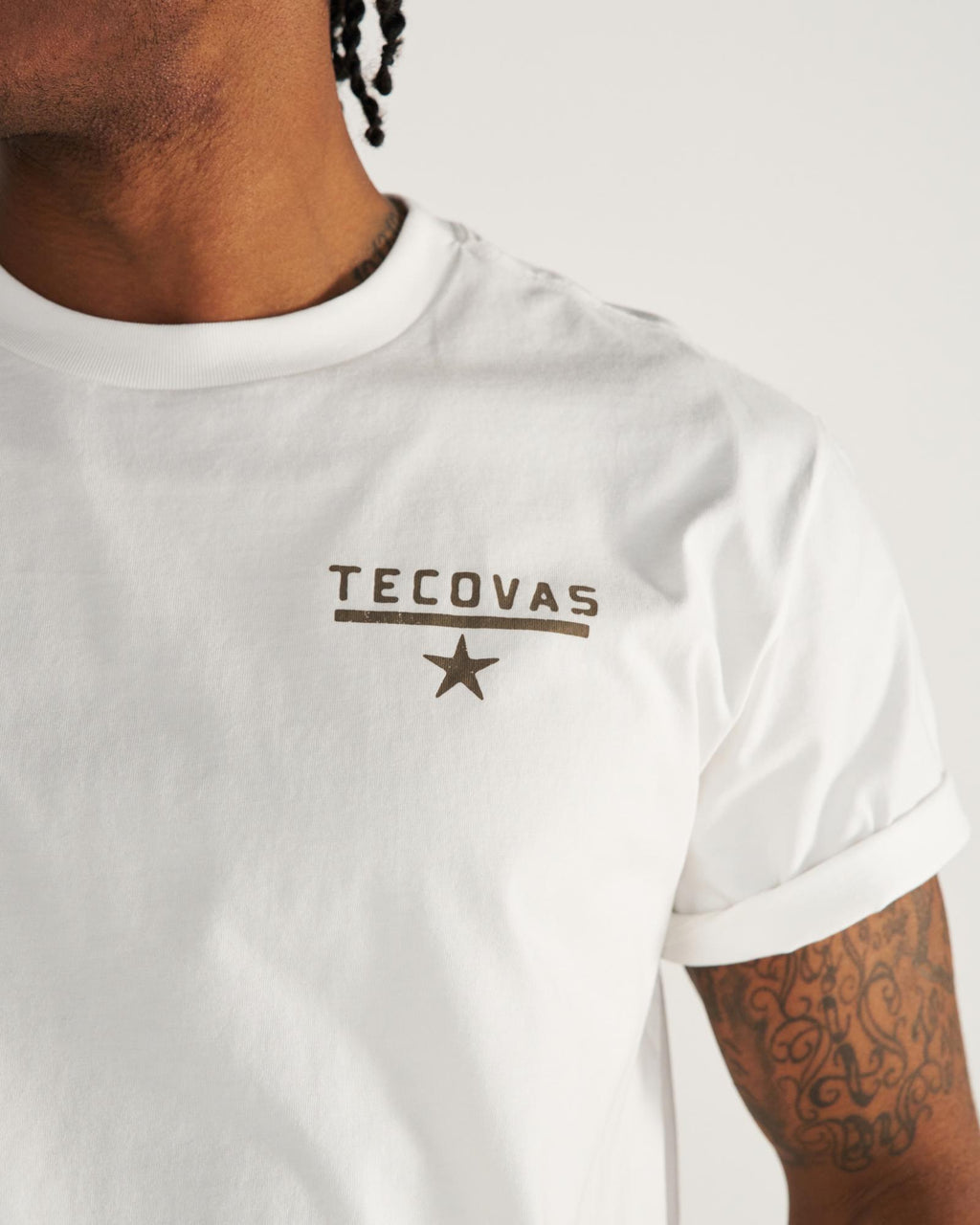 Closeup detail view of Men's Quality and Looks T-Shirt - Bone/Brown