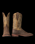 The Doc in Moss Suede. Pair of brown cowboy boots in Moss Suede with intricate stitching, one boot upright showing the side, the other displaying the front.