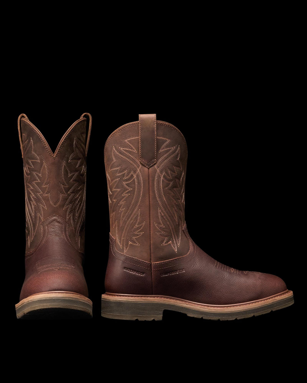 Pair view of The LH WP Round Comp Toe Work Boot - Tobacco Cowhide on plain background