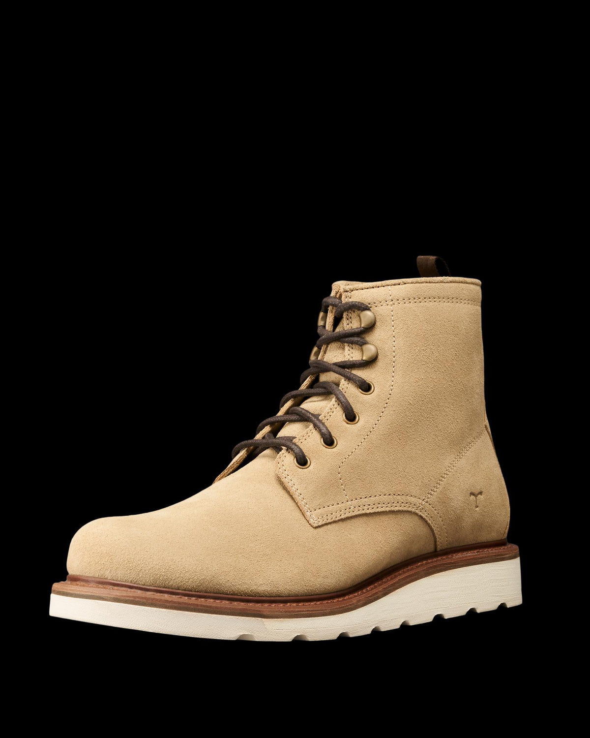 The Knox Lace Up Shearling in Sandstone Roughout. A tan sandstone roughout suede lace-up boot with a white sole and brown laces, displayed on a white background.